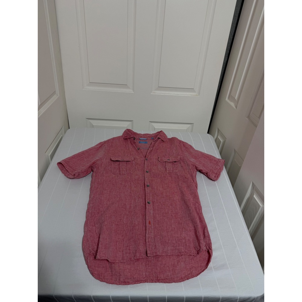 Toscano Aqua Mens Sm Red 100% Linen Short Sleeve Button Up Shirt Patrick Assaraf